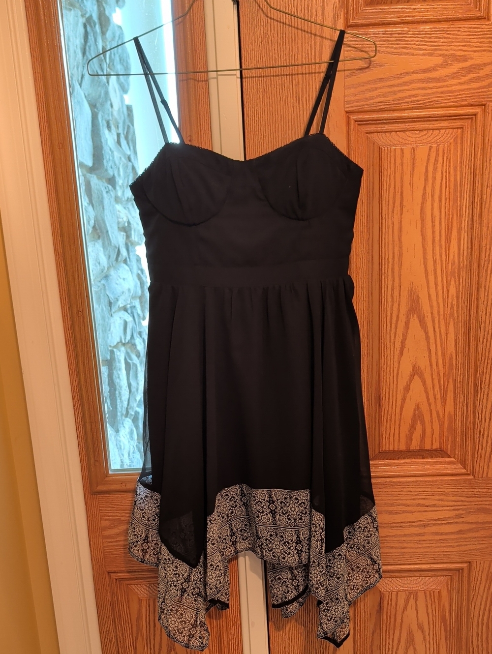 Women’s Black Spaghetti Strap Dress with Patterned Hem